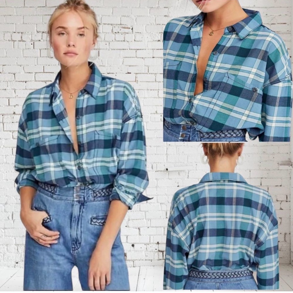 Free People Loveland Plaid Button Down Shirt with Frayed Hem Women Size L Boho
